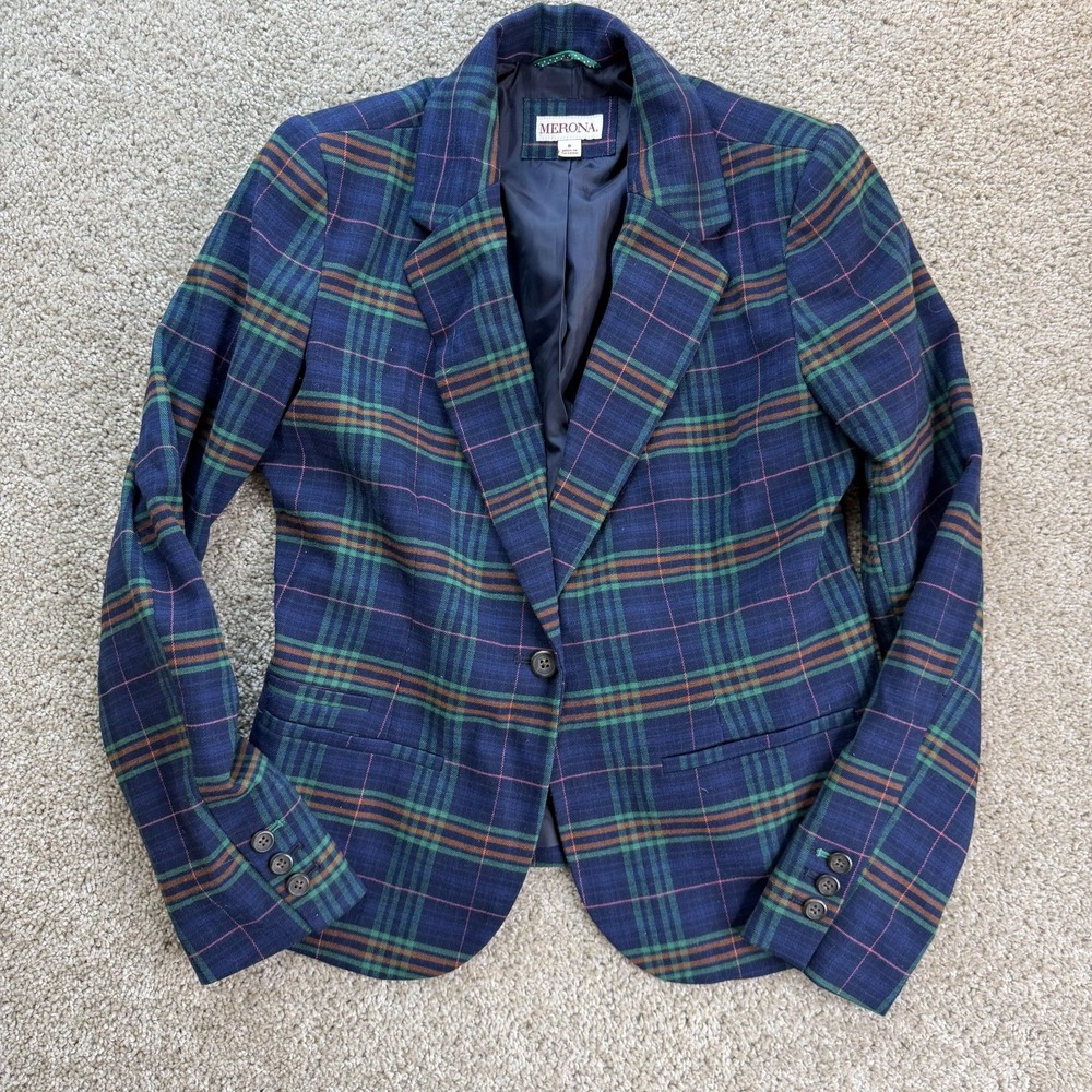 Merona Blazer Jacket Womens 8 Blue Plaid Wool Blend One Button Lined Career